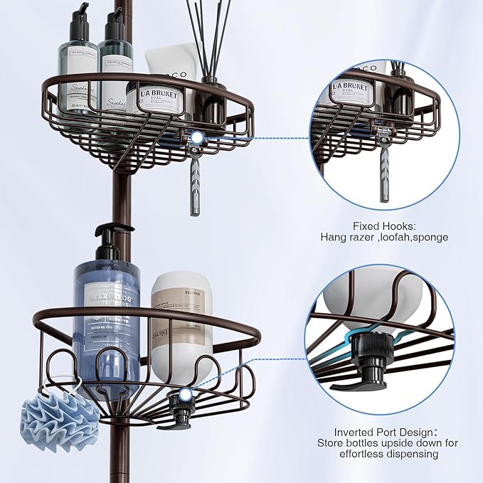 Corner Shower Caddy Tension Pole: Stainless Steel Rustproof 4-Tier Shower Organizer - 47-121 inch Adjustable Bathroom Shelves for Bathtub Shampoo Storage - Tension Rod Floor Standing Bath Rack -Bronze