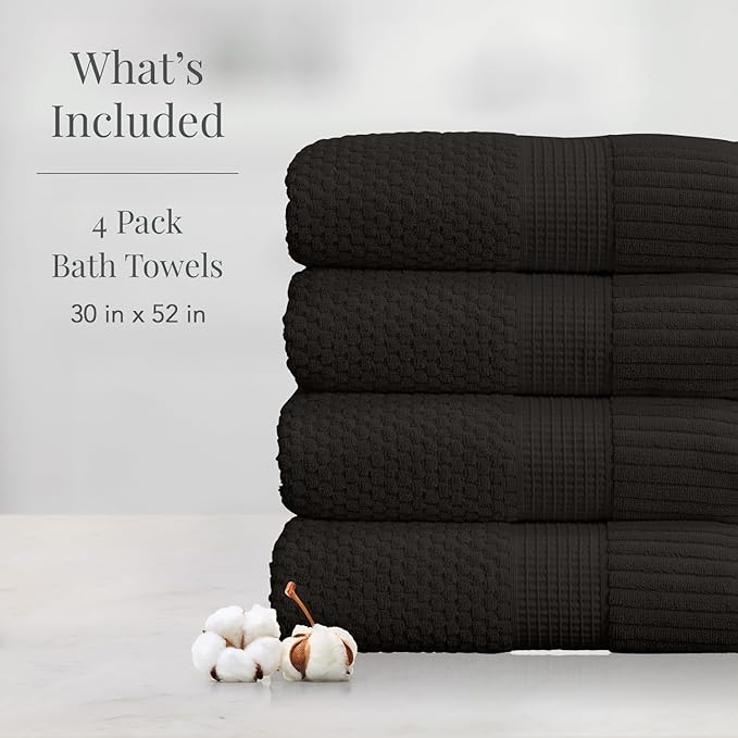 NY Loft Bath Towel 4 Pack, 100% Cotton, Super Soft & Absorbent, Quick-Dry, Textured, Durable, Premium Thick, 30" x 52", Black