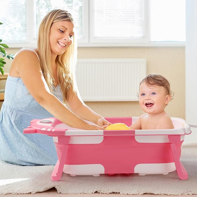 Baby Bathtub,Collapsible Baby Bath Tub with Thermometer & Soft Floating Cushion,Portable Travel Baby Bathtubs for Newborns to Toddlers 0-36 Months(Crab Green)