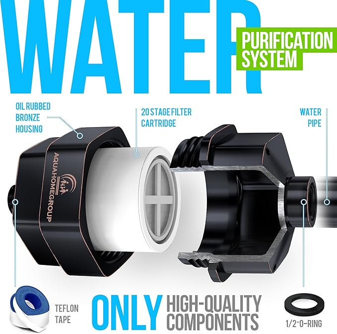 AquaHomeGroup 20 Stage Shower Filter for Hard Water - High Output Universal Shower Head Filter for Chlorine, Fluoride, Heavy Metals - Vitamin C E Shower Water Filter for Hair and Skin (Bronze Black)