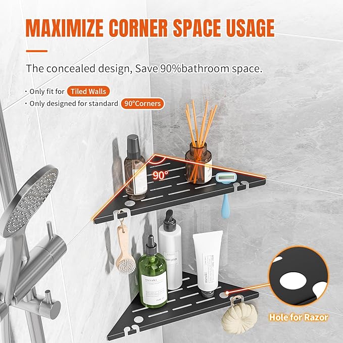 Shower Corner Shelf Organizer Rack with Hooks & Razor Hole, No Drilling Tile Shower Shelves, Rustproof Stainless Steel Bathroom Shelves Basket, Modern Corner Shelf for Bathroom, 2Pack-Black