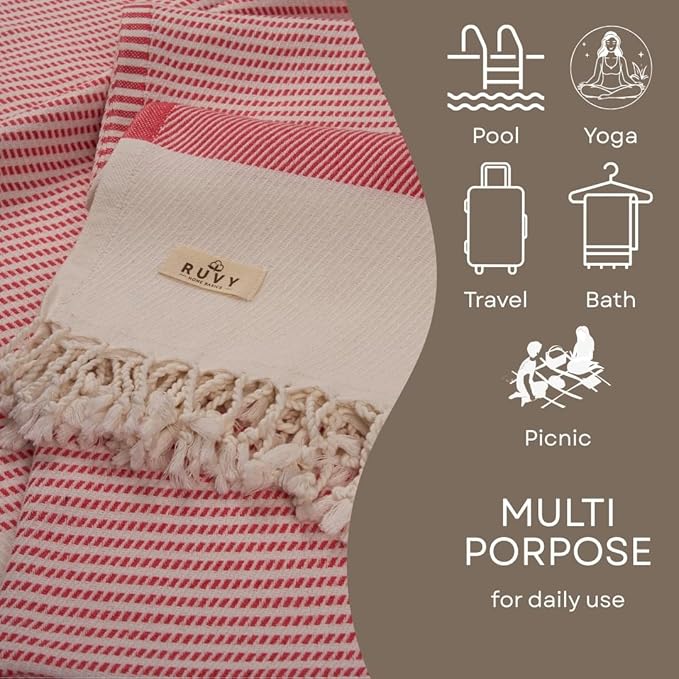Ruvy Home Basics 2 Pack Turkish Beach Towels – Oversized Quick-Dry Bath Towels (40 x 72 Inches) – 100% Cotton Large Towels for Pool, Yoga, Travel, Camping Essentials, and Bathroom Decor - Coral