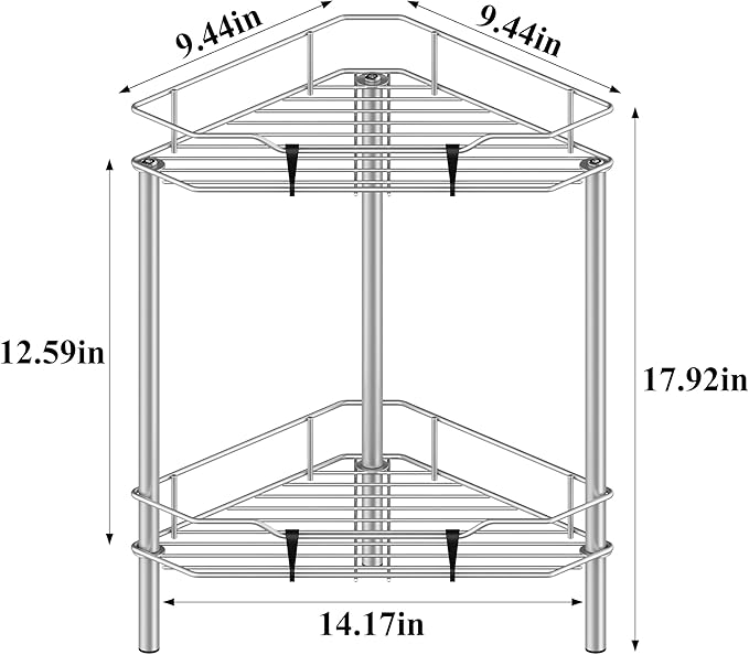 2 Tier Floor Standing Corner Shower Caddy Organizer Shelf with Hooks, Bathroom Shelves Stand Rack, Gray