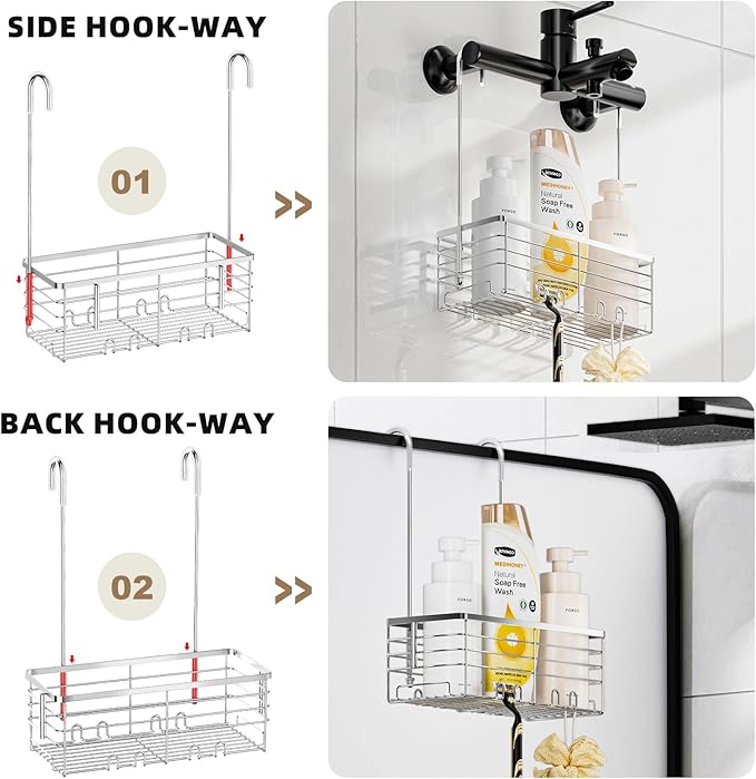 SHANSHUI Shower Hanging Caddy, Bathroom Shower Organizer Basket, Shampoo Bracket, Over Door Showers Rack with Hooks, 304 Stainless Steel Rustproof