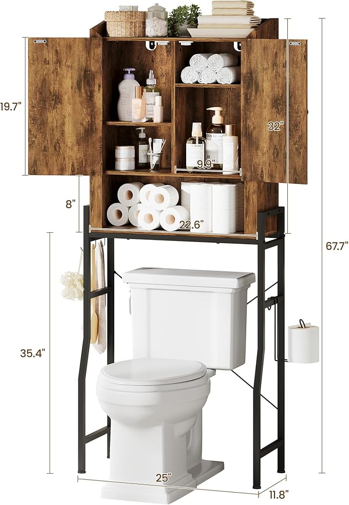 Over The Toilet Storage Cabinet, Over Toilet Organizer with 2-Door & Metal Stand, Bathroom Organizers and Storage with Adjustable Shelves for Bathroom, Restroom, Laundry, Rustic Brown