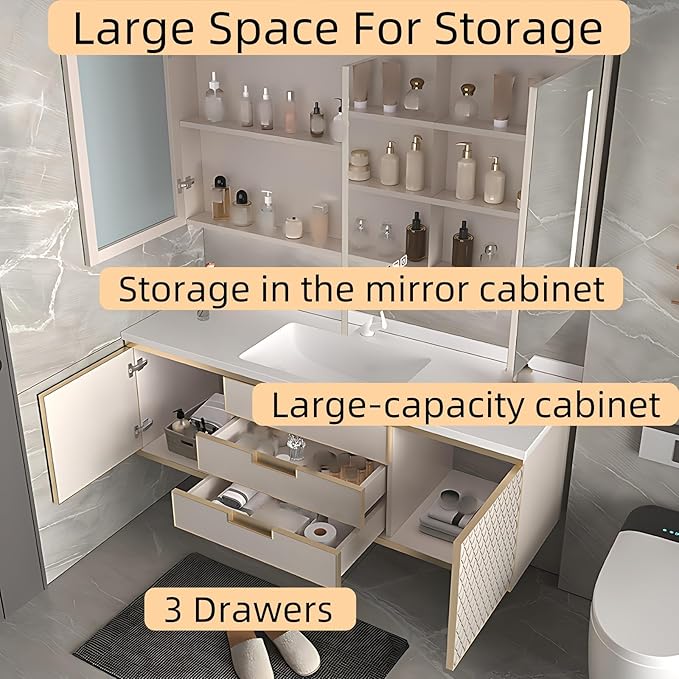 64IN Modern Bathroom Vanity - Wall-Mounted Bathroom Cabinet with LED Light | Intelligent Defogging Mirror Cabinet Includes Time Display Function, 2 Drawers & 2 Storage Cabinets (Style A)