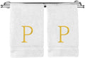 Monogrammed Hand Towel, Personalized Initial Gift, Extra Absorbent 100% Turkish Cotton - Soft Terry Finish - Set of 2 - Gold Block Initial P - Embroidered on White Towels