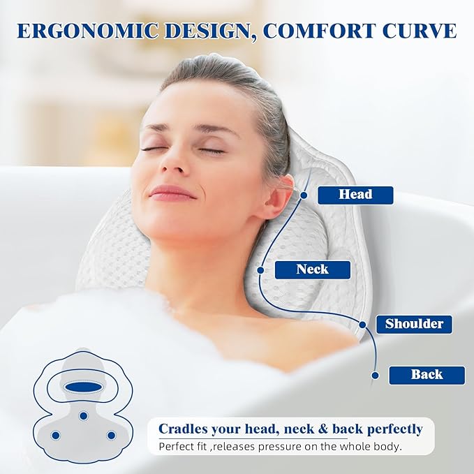 Bath Pillows for Tub, Afitton Luxury Bath Pillow Bathtub Pillow Headrest Neck and Back Support - with 4D Air Mesh Fabric & 6 Powerful Suction Cups, Ergonomic Bath Accessories Spa Gifts for Women Men