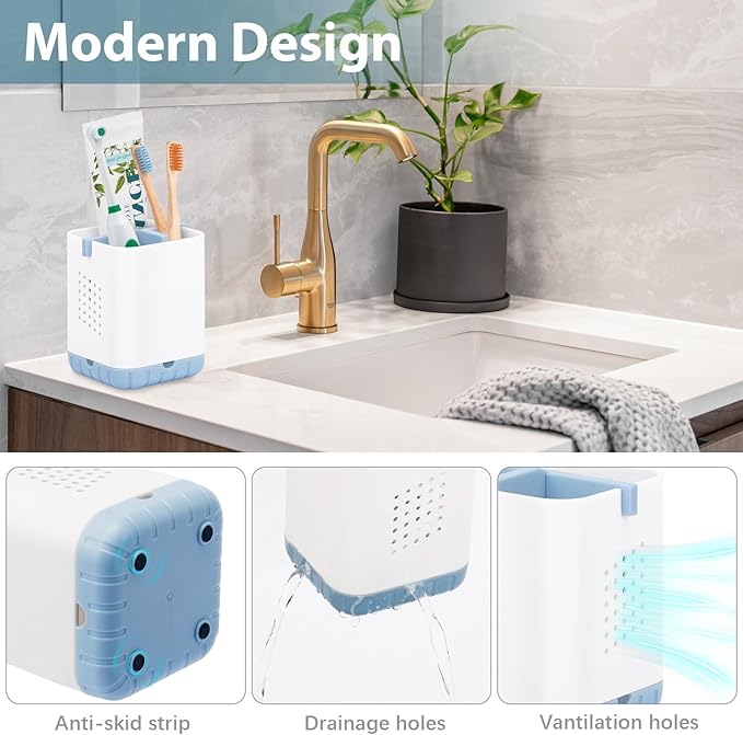 Boperzi Toothbrush and Razor Holder for Bathrooms - Countertop Organizer With Drainage, Anti-Slip Kids Toothpaste Caddy for Electric Toothbrush, Shower, Vanity - Blue