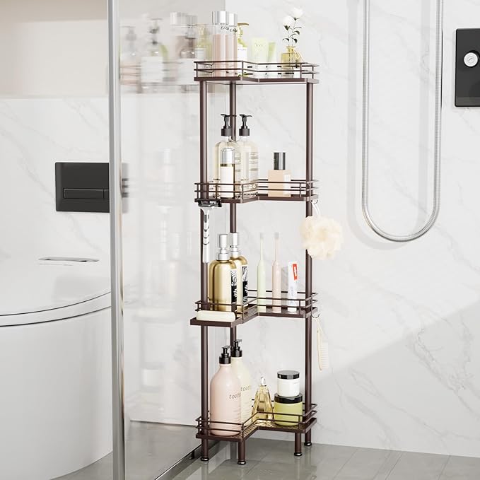Consumest Corner Shower Caddy Standing - 4-Tier Stainless Steel Shower Organizer with Soap Holder and 4 Hooks, Large Capacity Corner Shelf Stand for Bathroom, Rest Room, Bronze