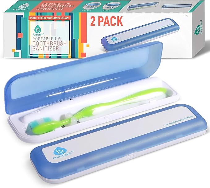 Pursonic Portable UV Toothbrush Sanitizer Case - Travel Toothbrush Sanitizer and Holder - for Electric and Manual Brush Heads with UV Light & Auto Shut Off Timer (2 Pack)