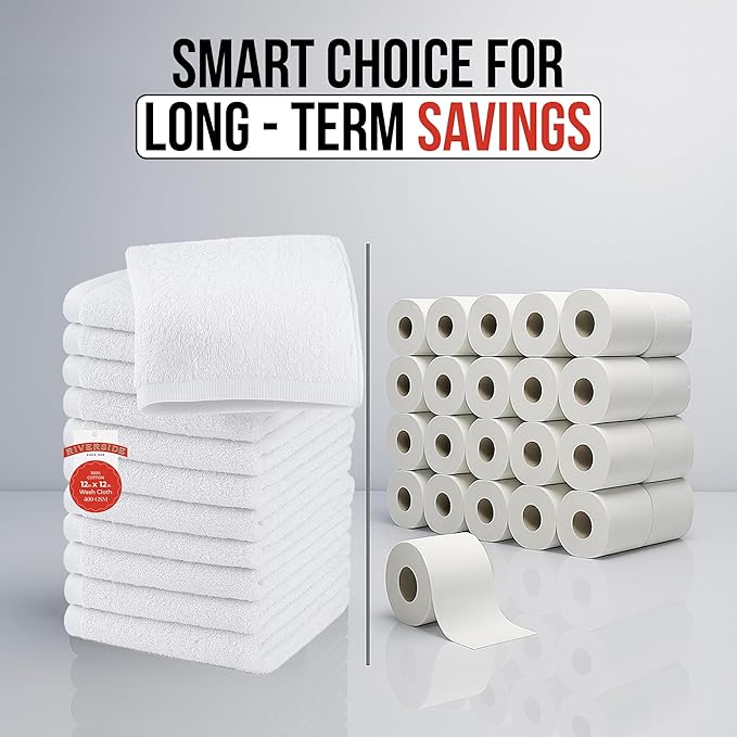 RIVERSIDE 12 Pack Washcloths - 12x12 Inches, 400 GSM, 100% Ring-Spun Cotton - Soft, Absorbent & Durable Face and Body Towels - for Bathroom, Spa, Gym, Makeup Removal & Everyday Use - White