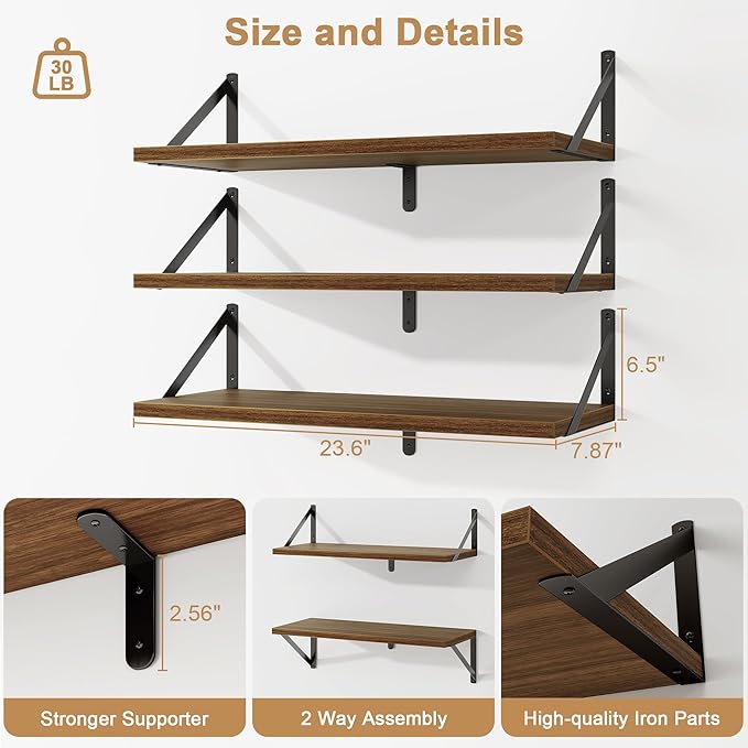 Fun Memories Floating Bookshelves, Set of 3 Wall-Mounted Wood Shelves 24" W x 8" D, Decorative Wall Shelf for Living Room, Bedroom, Bathroom, and Laundry Room (Walnut)