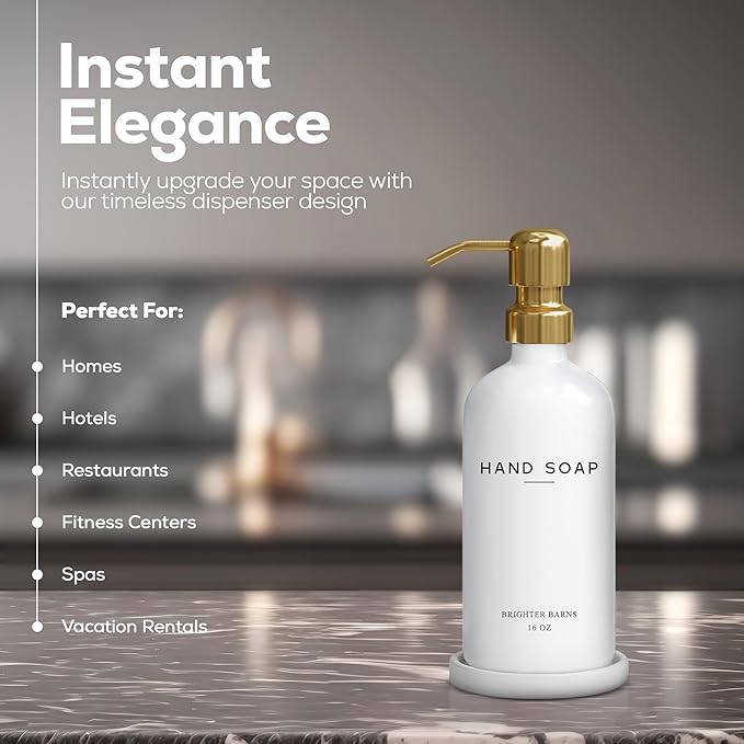 Luxury Glass Hand Soap Dispenser Bathroom Set by Brighter Barns - Hand Soap Dispenser with Stainless Steel Pump - Glass Bottle with Round Tray - White and Gold Bathroom Decor & Accessories (Gold)
