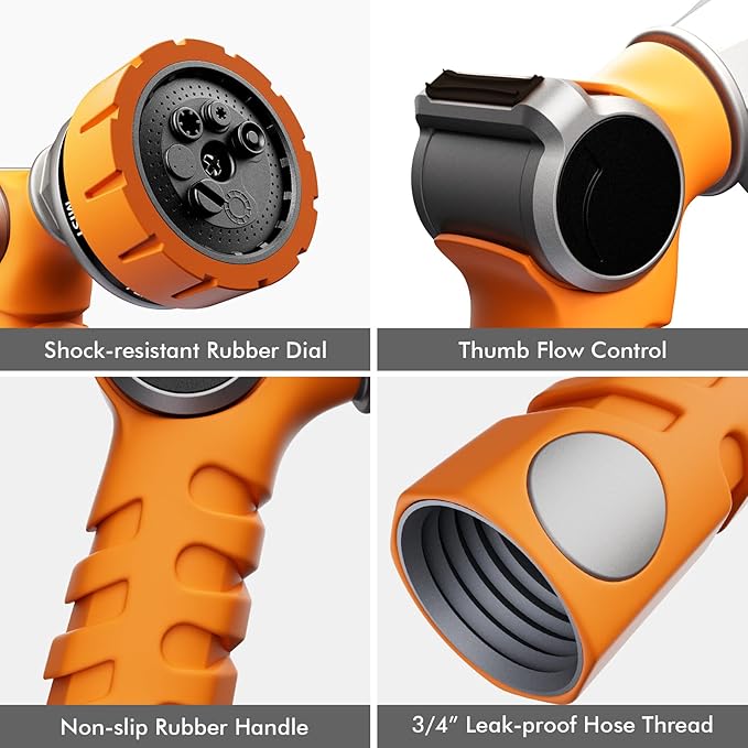 RESTMO Heavy Duty Hose Nozzle, Metal Garden Water Hose Sprayer with 7 Watering Patterns, Thumb Control, On Off Valve, High Pressure Nozzle Sprayer for Watering Plants, Car and Pet Washing, Orange