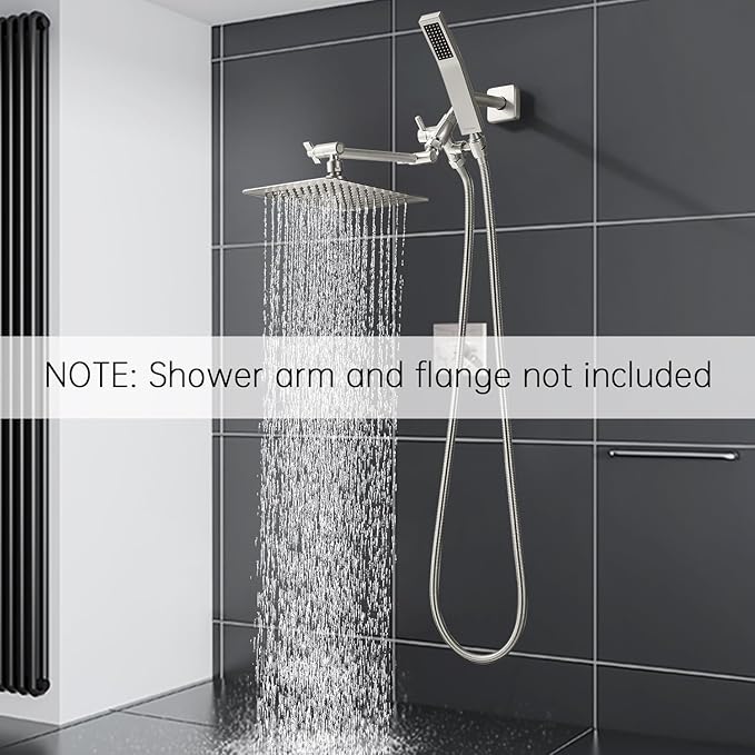 G-Promise All Metal 8 Inch Dual Square Shower Head with Handheld Spray Combo, Rain Shower Head, Adjustable Extension Arm, 3-Way Diverter, 71 Inch Extra Long Hose - A Bathroom Upgrade (Brushed Nickel)