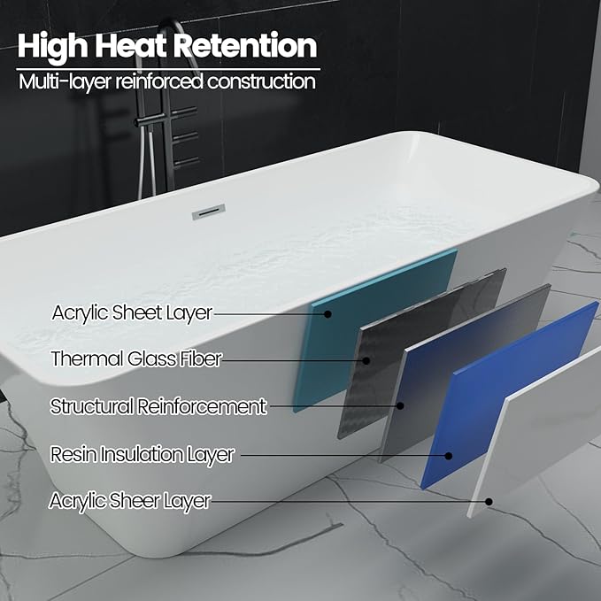 59 Inch Freestanding Acrylic Bathtub, Modern Soaking Tub with Chrome Overflow & Drain, CUPC Certified, Deep Soaking Design for Luxurious Spa Experience, Contemporary Bathroom Centerpiece