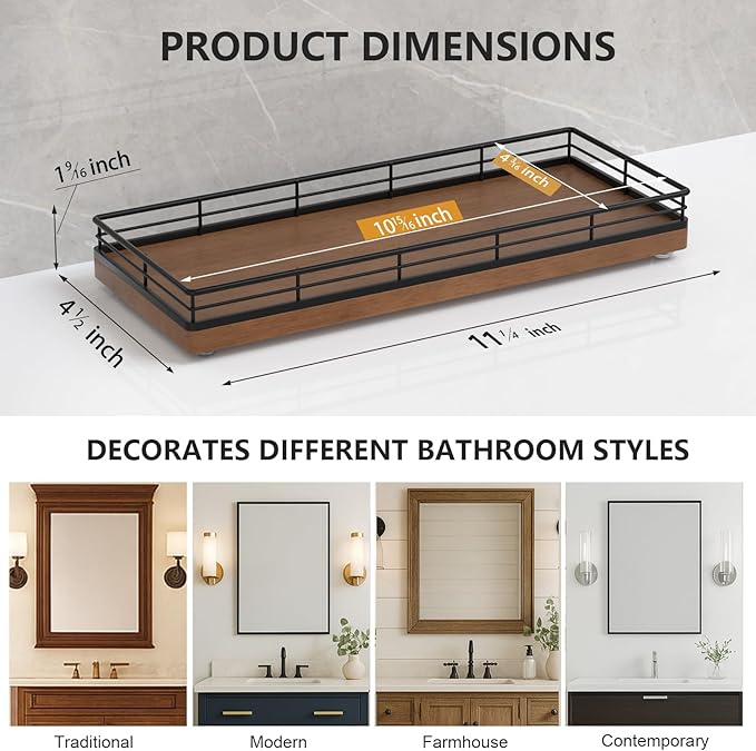 Bathroom Tray for Counter Top Organizer – Oak Wood Vanity Tray with Metal Frame for Dresser, Kitchen, Nightstand – Black & Brown Decorative Storage
