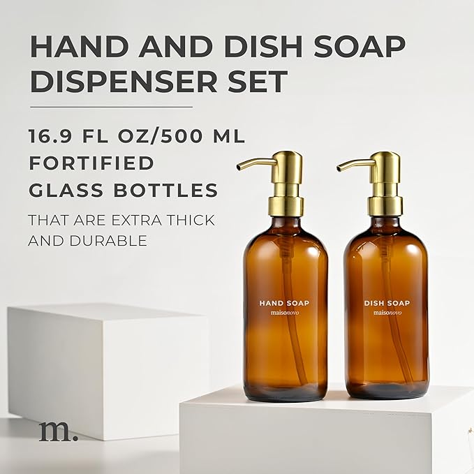 MaisoNovo Soap Dispenser 2-Piece Set | 16.9oz Amber Bottles with Gold Stainless Steel Pumps