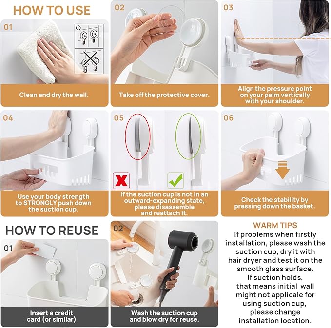LEVERLOC Shower Caddy Suction Cup Shower Shelf Basket Suction Pack of 2 One Second Installation Removable Powerful Bathroom Organizer Max Hold 22lbs Shower Storage Plastic