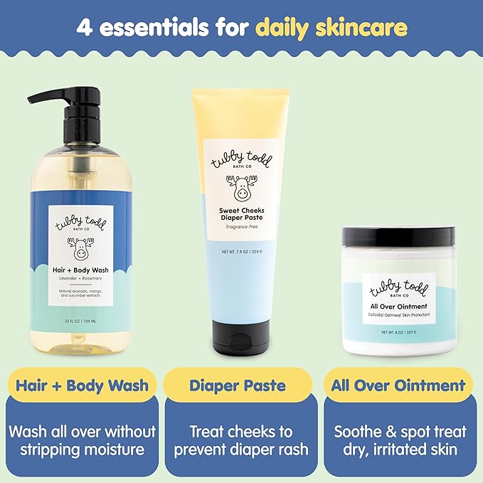 TUBBY TODD Baby Bundle Newborn Skin Care Set - Hypoallergenic Hair + Body Wash, All Over Ointment with Colloidal Oatmeal, Sweet Cheeks Diaper Paste - Lavender Rosemary, Full Size