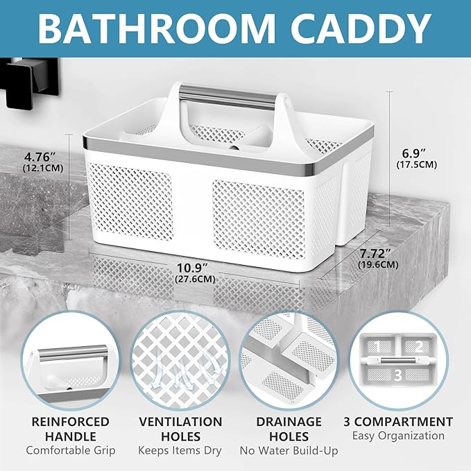 2Pack Shower Caddy Dorm: Portable Bathroom Caddy Organizer with Handle and Holes, Plastic Cleaning Caddy, Hard Shower Basket Storage Tote for Toiletry, College Dorm Room Essentials White/Silver
