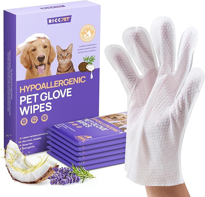 HICC PET Cleaning Deodorizing Glove Wipes for Dogs & Cats, Vet Recommended Hypoallergenic Hydrating & Nourish Fur Pet Grooming Glove Wipes, Pet Bathing Wipes for Horse Coat Care, 6pcs Verbena Scent