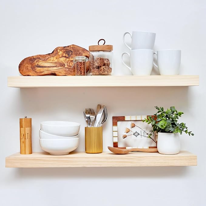 Homeforia 30 inch Natural Floating Shelf, High End Solid Real Wood 30inch Small Floating Shelves for Wall Mounted, Natural Wooden Floating Shelves, Heavy Duty Bracket, 30 X 6.5 X 1.75 in, Set of 2