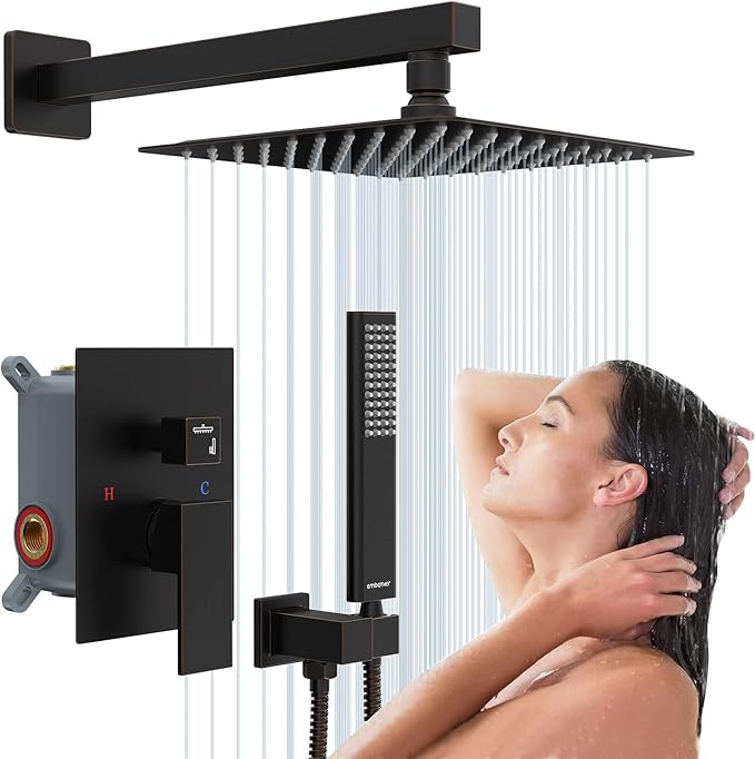 EMBATHER Oil Rubbed Bronze Shower System -10 Inches Shower Faucet Set with Square Rain Shower Head and Handheld High Pressure Shower Combo Set for Bathroom Wall Mounted (Contain Rough-in Valve & Trim)