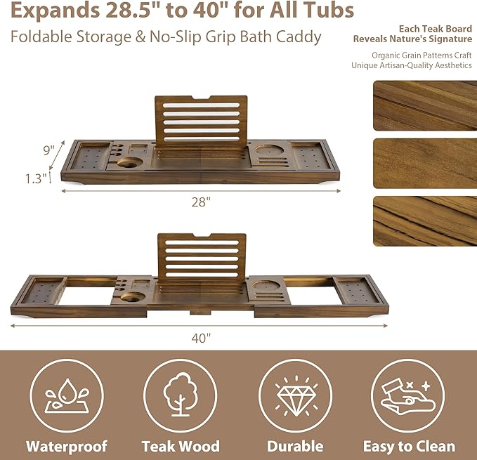 Teak Bathtub Tray | Adjustable Width Tray with Wine Holder, Tablet/Phone & Book Stand, Splash-Proof for Bath Time- Walnut