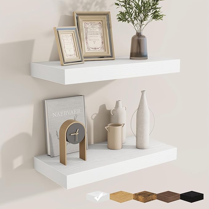 fuqing Floating Shelves for Wall, Wall Mounted Wood Floating Shelf with Invisible Brackets for Living Room, Bathroom, Bedroom, Kitchen Storage and Decor, 16 Inch Set of 2, White