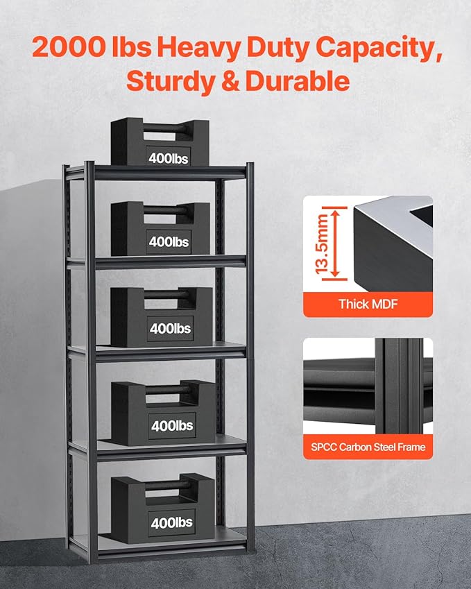 VEVOR Storage Shelves, 2000 lbs, 5 Tier Garage Storage Shelving, 16" D x 32" W x 72" H Adjustable Metal Shelves for Garage Shelves Utility Rack Shelf, Ideal for Kitchen, Warehouse, Basement, Black
