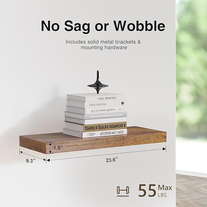 Floating Shelves for Wall Set of 3, 24in Hanging Shelf for Books, Storage, Room Decor, Rustic Wood Wall Mounted Shelves for Bathroom, Toilet, Bedroom, Living Room, Kitchen, Office, Rustic Brown