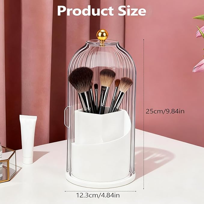 Toothbrush Holder with Cover, 360 Rotating Dust-proof Toothbrush Holder 3 Slots Rotating Makeup Brush Holder for Vanity Bathroom Countertop Organizer (Transparent)