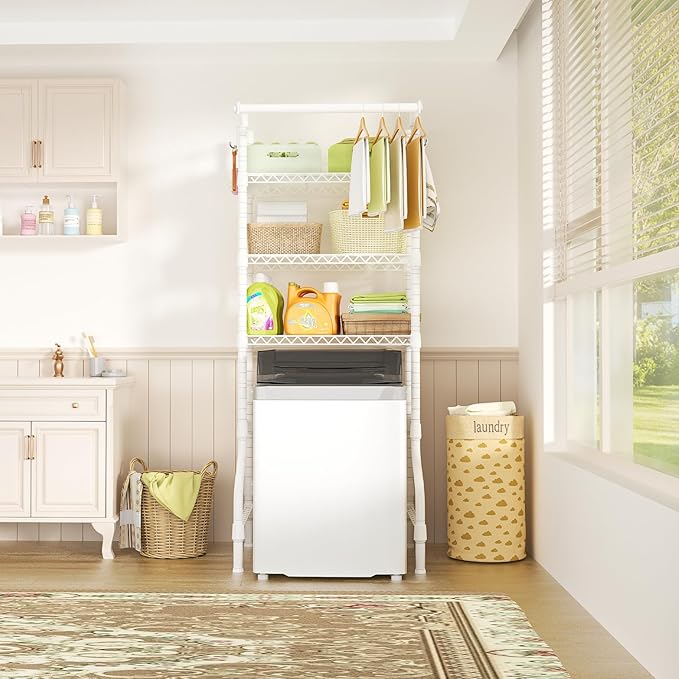 Ulif U11 Mini Over Washer and Dryer Shelves, 3 Tiers Laundry Room Storage and Organizer Standing Shelf, Metal Freestanding Clothes Drying Rack, 28.3”W x 19.7”D x 77.6”H, White