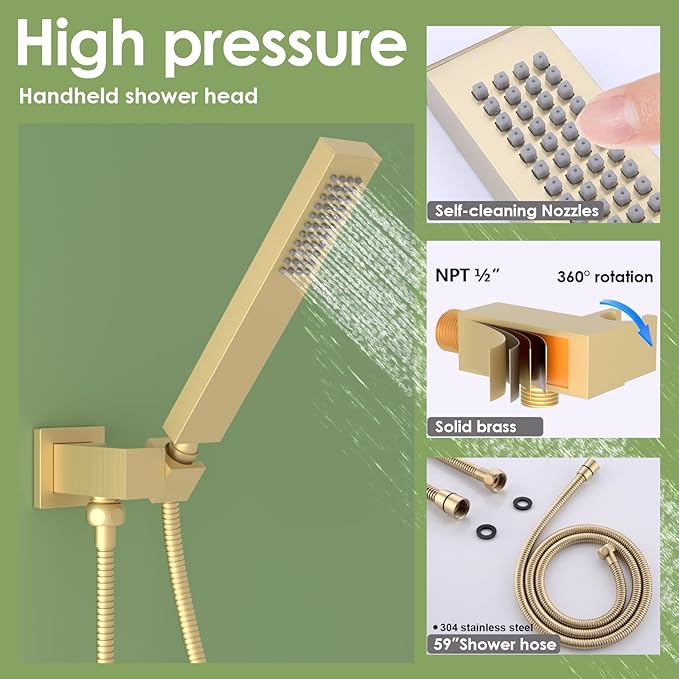 Enga Brushed Gold Rain Shower System with Body Jets, 12 inch Rain Shower Body Spray Jets System Ceiling Mounted Shower Faucet Set with 3-Function Brass Shower Valve