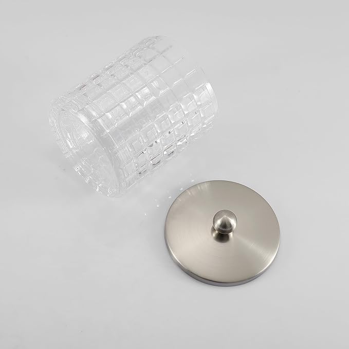 Clear transparent Apothecary Etched Geometric Grid Glass Jar W/Satin Nickel Metal Lid Cover for Bathroom Organization, Cotton Balls, Q Tips, and Small Accessories, Bathroom Storage