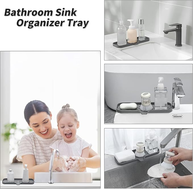 Silicone Bathroom Soap Dishes with Drain Spout-Bathroom and Kitchen Sink Organizer,Sponge Holder,Dish Soap Tray,Perfect for Dispenser,Scrubber,Bottle,Cup on Sink or Counter-Grey 12"×4"