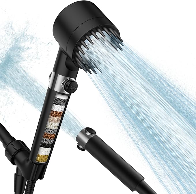 Filtered Shower Head with Handheld, High Pressure 3 Spray Mode Showerhead with 18 Stage Water Softener Filters for Hard Water - Remove Chlorine-BLACK