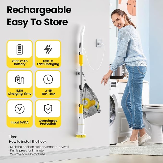 Electric Spin Scrubber, Cordless Cleaning Brush Shower Scrubber Up to 550 RPM with 9 Replaceable Brush Heads, Bathroom Scrubber Adjustable Extension Handle for Bathroom Kitchen Car (Yellow)