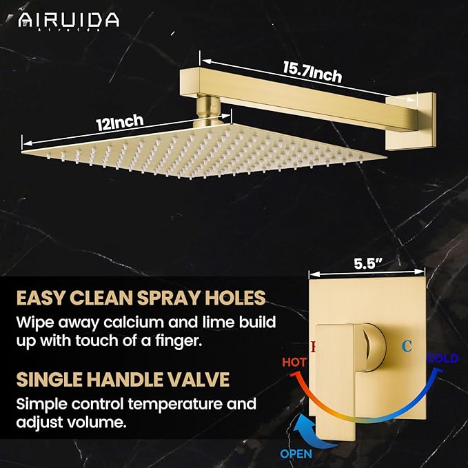Airuida Shower Faucet Set Bathroom Rain Shower System SUS304 Stainless Steel Single Handle With Male Threads Rough-in Valve Shower Trim Kit 12 Inch Wall Mount Shower Head Brushed Gold
