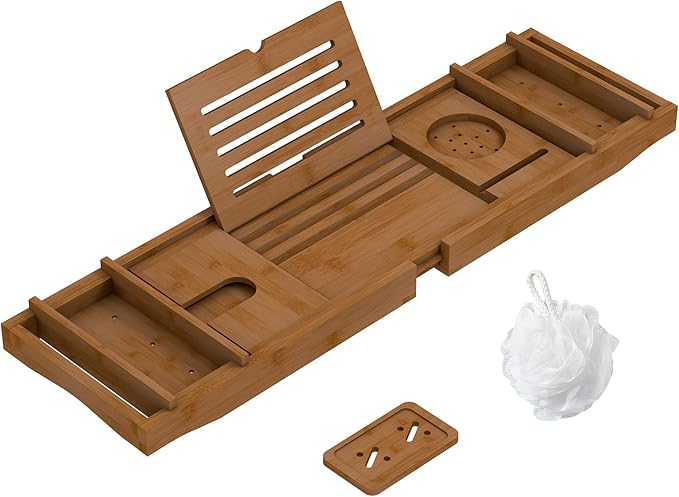 Bamboo Bathtub Tray for Luxury Bathroom, Expandable Premium Bath Tray with Soap Towel Book Holder, Luxury Spa Wooden Bath Table for Reading Laptop Over The Clawfoot Walnut
