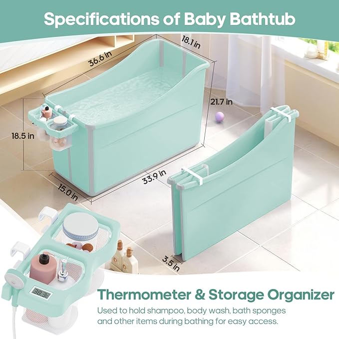 Collapsible Baby Bathtub Foldable Bathtub for Toddler Portable Large Foldable Bath Tub Bathtub for Kids Petite with Thermometer and Storage Basket (Green)