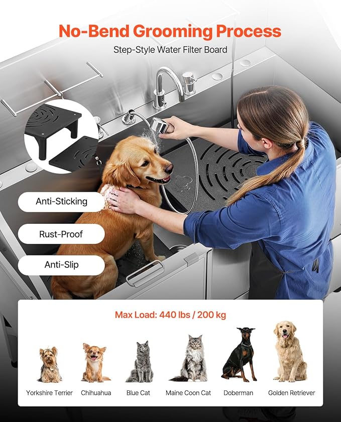 VEVOR Professional 304 Stainless Steel Dog Bathing Station, 61 inch Pet Grooming Tub w/Anti-Slip ramp, Storage Drawer, Cold Hot Faucet Showerhead, for Large & Medium & Small (Left Door, with Drawer)