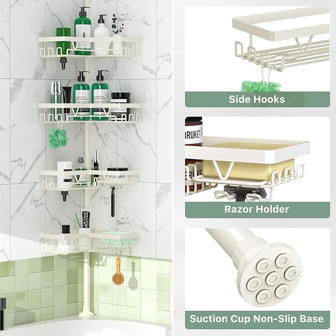 Corner Shower Caddy Tension Pole, 4-Tier Adjustable Corner Shower Caddy with Soap Dish & Razor Holder, Stainless Steel Tension Pole Shelf Fits Bathtub & Floor 25-114.2 inches(Off-white)