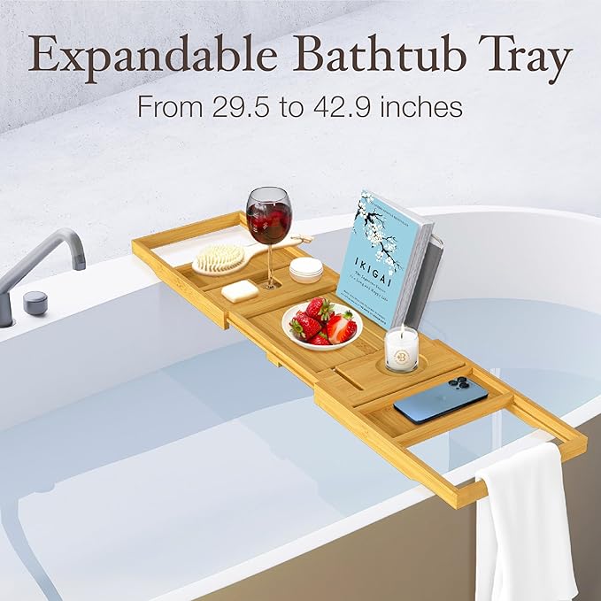 Wooden Bathtub Tray - Foldable Expandable Bamboo Bath Tray for Tub with Wine Holder, Book & Tablet Stand - Bath Caddy for Bathtub, Spa Bath Accessories for Women, Tub Tray Table, Gift for Her or Him