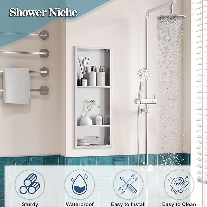 Neodrain 12X30 Inch Brushed Three Layers Stainless Steel Shower Niche, NO Tile Needed Recessed Niche Shelf for Bathroom Storage, 3-Tier Recessed Built-in Wall Niche