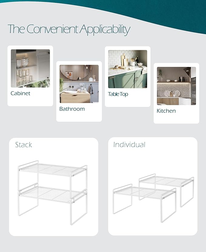 2Pack Kitchen Cabinet Shelf Counter Organizer Rack Pantry Storage Bathroom Bedroom Office Table Desk Space Saving Stackable Rust Resistant Non Slip White Wide L16.1in W10.6in H7.3in