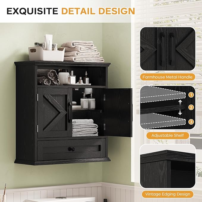 Bathroom Wall Cabinet, Wall Mounted Medicine Cabinet with Drawer, Barn Door & Adjustable Shelf, 24.4"H x 23.6"W x 9"D Black Over Toilet Farmhouse Storage Cabinet for Kitchen, Laundry, Entryway