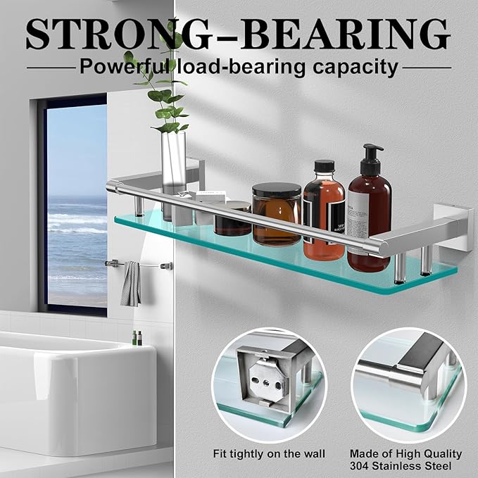 20 Inches Glass Shelf for Bathroom, Brushed Nickel Glass Shelves for Wall with Smooth Stainless Steel Railing, Modern Tempered Glass Organizer Shelf